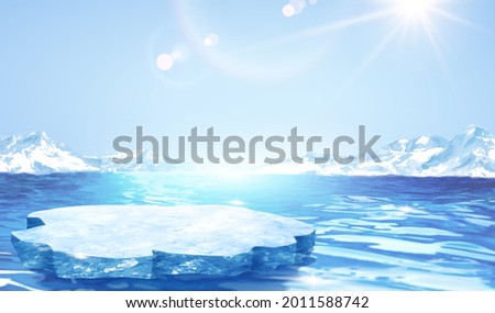 3d glacier scene design with ice stage floating on sea surface. Blank background suitable for displaying icy product. Royalty-Free Stock Photo #2011588742