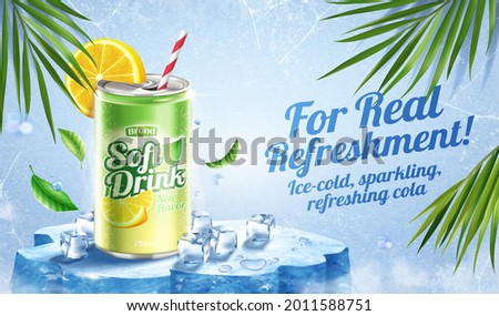 3d lemon juice soda ad template in the concept of chilling drink for summer. Realistic cola can stands on an ice stage with ice cubes and palm leaf decoration. Royalty-Free Stock Photo #2011588751