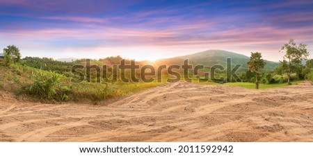 Empty dry cracked swamp reclamation soil, land plot for housing construction project with car tire print in rural area and beautiful blue sky with fresh air Land for sales landscape concept Royalty-Free Stock Photo #2011592942