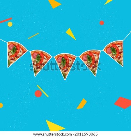 Modern design, contemporary art collage. Inspiration, idea, trendy urban magazine style. Composition with slices of pizza as a festive garland on blue neon background. Artwork, illustration