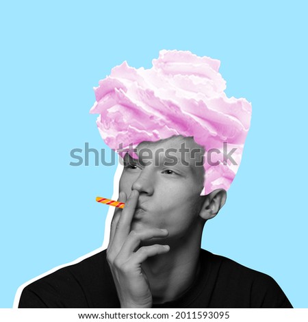 Hipster, teddy- boy with meringue sitting and smoking. Contemporary art collage and modern design. Summer mood. Concept of idea, inspiration, creativity. Surrealism and minimalism