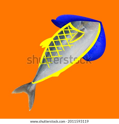 Fish swimming, diving into female mouth on bright orange neon background. Copy space for ad, text. Modern design. Conceptual, contemporary bright artcollage, artwork. Summertime, vacation, fun mood.