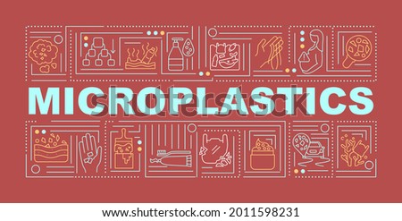 Microplastics word concepts banner. Infographics with linear icons on red background. Climate change problem. Nature saving. Isolated typography. Vector outline RGB color illustration