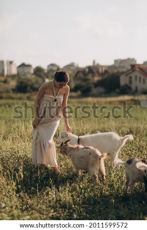 Young beautiful dark-haired girl in a dress feeds a goat in a summer field 