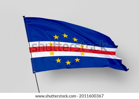 Cape Verde Islands flag isolated on white background. National symbol of Cape Verde Islands. Close up waving flag with clipping path.