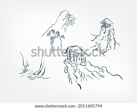 mountains houses design elements vector illustration japanese chinese ink line sketch