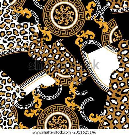 Leopard skin pattern with baroque backgrounds..Vector patch for print,fabric,scarf design.