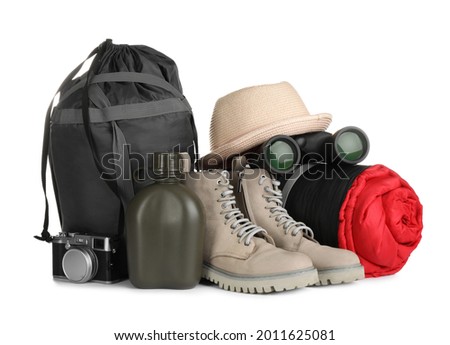Set of camping equipment for tourist on white background Royalty-Free Stock Photo #2011625081