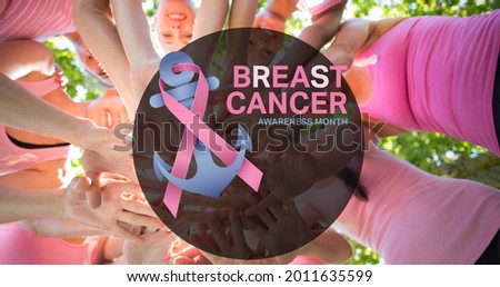 Composition of pink ribbon logo and breast cancer text over diverse group of smiling women. breast cancer positive awareness campaign concept digitally generated image.