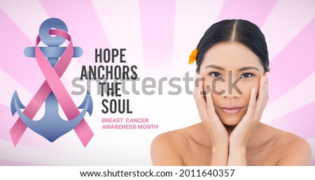 Composition of pink ribbon anchor logo and breast cancer text, with smiling young woman. breast cancer positive awareness campaign concept digitally generated image.