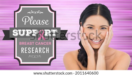 Composition of pink ribbon logo and breast cancer text, with smiling young woman. breast cancer positive awareness campaign concept digitally generated image.