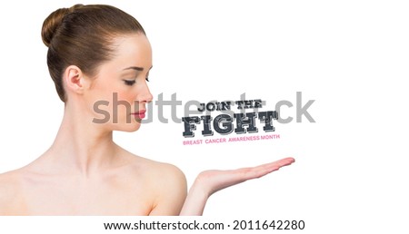 Composition of breast cancer text, with woman on white background. breast cancer positive awareness campaign concept digitally generated image.