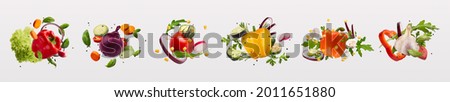Web-banner for culinary blog. Six isolated sets of various vegetables, greens and spices as ingredients for healthy meals, collection of recipes for diet over white background, panorama