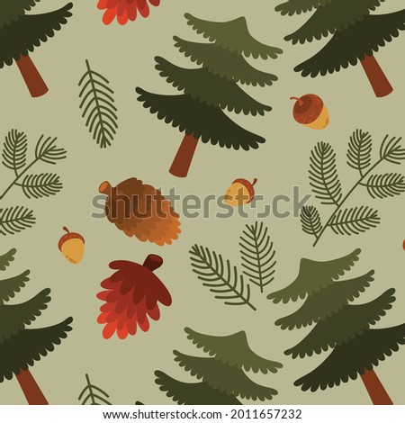 Pine Trees, Pine Cones and Acorns Pattern, Vector, Illustration