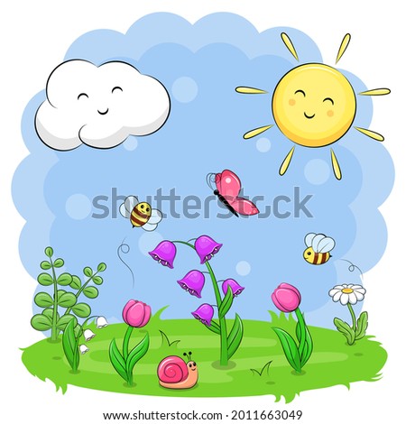 Cute cartoon landscape with flowers, bees, butterfly, snail, sun and cloud. Spring vector illustration.