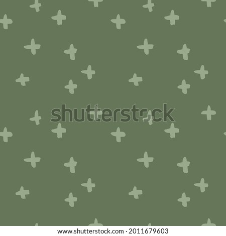 Hand drawn vector seamless pattern with crosses. Realistic painted brush strokes ornament  in earth green color.