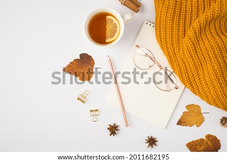 Top view photo of yellow knitted scarf cup of tea with lemon brown autumn leaves cinnamon sticks golden binder clips pencil and stylish glasses on copybook on isolated white background with copyspace