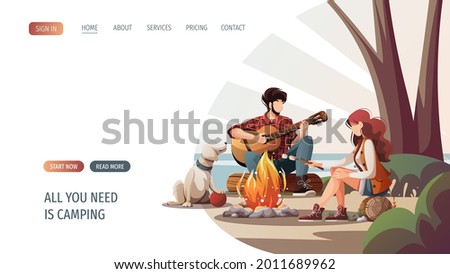 Man with guitar, woman with marshmallow and dog sitting by campfire. Summertime camping, traveling, trip, hiking, camper, nature, journey concept. Vector illustration for poster, banner, website.
