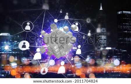 Conceptual background image with cube figure and social connection lines. 3d rendering