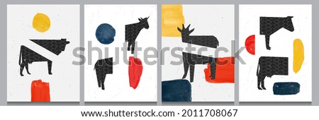 Vector illustration. Abstract contemporary room interior poster collection. Postcard, book cover, magazine, brochure banner design. Watercolor paints splashes and dog silhouette. Lines and dots;