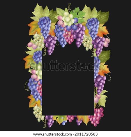 Fall fruit vertical frame of grapes and leaves, hand drawn isolated illustration on dark background