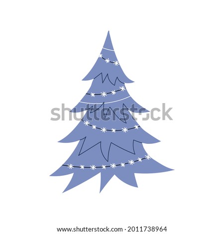 Cartoon blue Christmas tree on a white background. Christmas tree decorated with garlands. Vector stock illustration isolated.