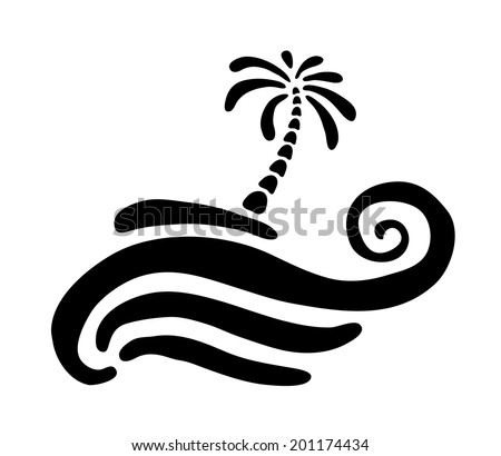 Tropical palm on island with sea. Vector illustration.