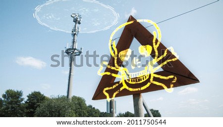 Dangerous EMF Radiation Communication 5G 6G Tower. Warning sign cellular signals, harmful network