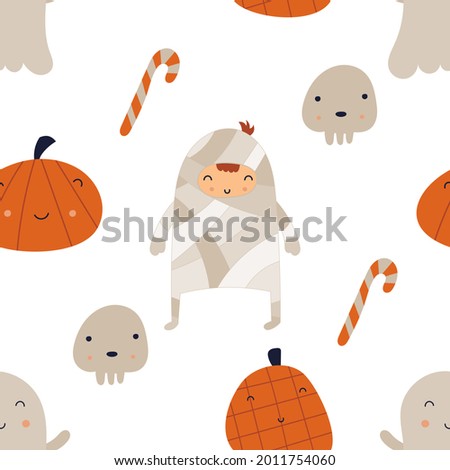 Halloween seamless pattern with cute Halloween characters and symbols – funny mummy, skulls and sweets. October magic background. Kids Illustration. Pattern is cut, no clipping mask.