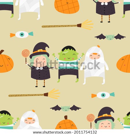 Halloween seamless pattern with cute Halloween characters and symbols – pumpkin, witch, mummy, bat, eye, broom. October magic background. Kids Illustration. Pattern is cut, no clipping mask.