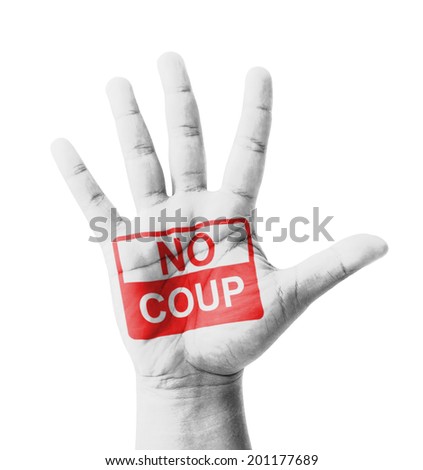Open hand raised, No Coup sign painted, multi purpose concept - isolated on white background Royalty-Free Stock Photo #201177689