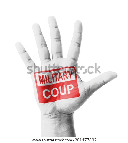 Open hand raised, Military Coup sign painted, multi purpose concept - isolated on white background Royalty-Free Stock Photo #201177692