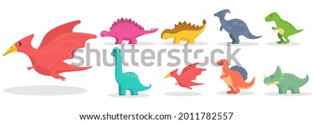 Cartoon dinosaurs icon collection isolated on white background. Cute dinosaur, funny ancient brontosaurus and green triceratops. Flat vector illustration in childish style.