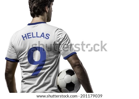 Greek soccer player, celebrating on a white background.