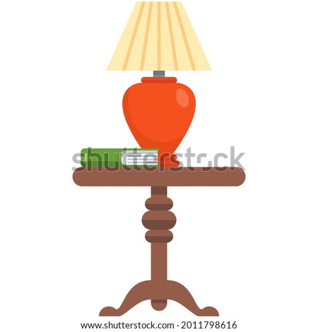 Coffee table vector furniture with lamp and books stack. Interior home room design flat cartoon icon isolated on white background