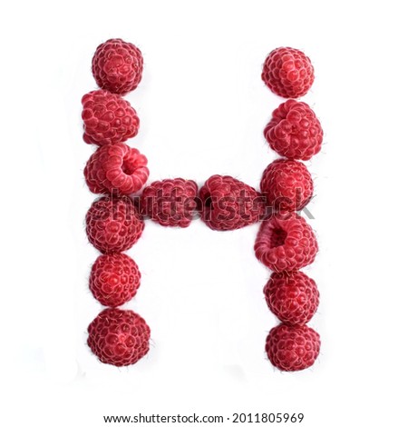 The letter H of the english alphabet of red ripe raspberries, , isolate on a white background