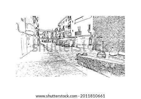 Building view with landmark of Ibiza Town is the capital in Ibiza. Hand drawn sketch illustration in vector.