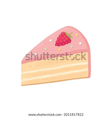 A piece of cake with pink frosting, sprinkles and raspberries. Cartoon style. Great design for any purposes. Vector illustration isolated on white background.