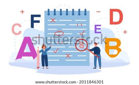 Tiny people correcting grammar mistakes on huge sheet of paper. Cartoon college teachers looking for mistakes and errors in text flat vector illustration. Punctuation, spell check, education concept Royalty-Free Stock Photo #2011846301