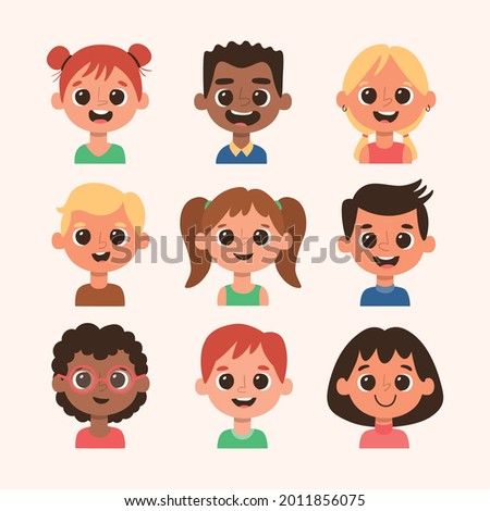 Cartoon children avatar set. Different hair style and skin color. Set 2 of 4.