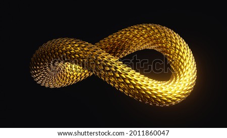 3d render, twisted loop infinity symbol with shiny golden snake scales texture, abstract clip art isolated on black background