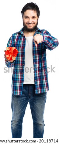 man holding a gift. isolated, white background. place for inscription