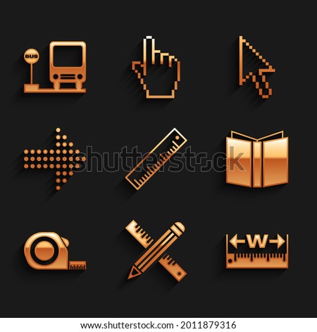 Set Ruler, Crossed ruler and pencil, Measuring height length, Open book, Roulette construction, Dots arrow, Pixel cursor and Bus stop icon. Vector