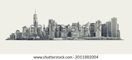 Skyline panorama of downtown Financial District and the Lower Manhattan in New York City, USA. black and white isolated on background