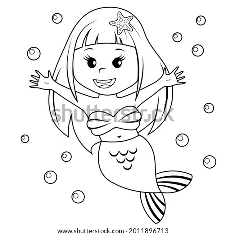 Cute little mermaid. Black and white illustration for coloring book 