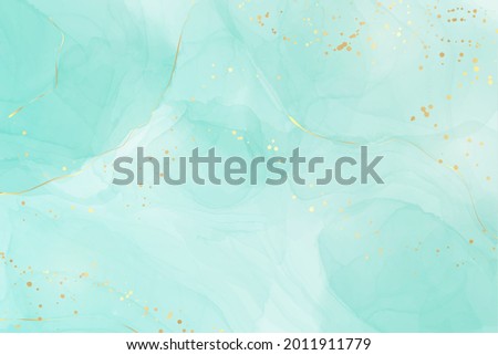 Pastel cyan mint liquid marble watercolor background with gold lines and brush stains. Teal turquoise marbled alcohol ink drawing effect. Vector illustration backdrop, watercolour wedding invitation. Royalty-Free Stock Photo #2011911779