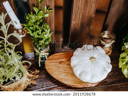 Composition of wooden rustic kitchen table outdoors with decor of plants, vegetables. Country house in summer