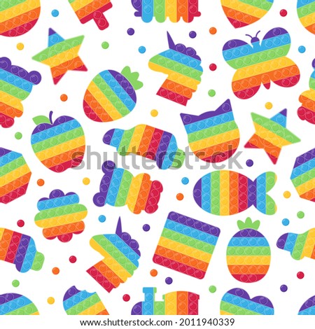 Childish seamless pattern with different Pop It toys. Relax push bubbles, hand toy for children. Antistress game. Rainbow colors. Geometric shapes, food, animals, plants and transports.