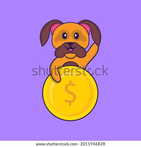 Cute dog holding coin. Animal cartoon concept isolated. Can used for t-shirt, greeting card, invitation card or mascot.