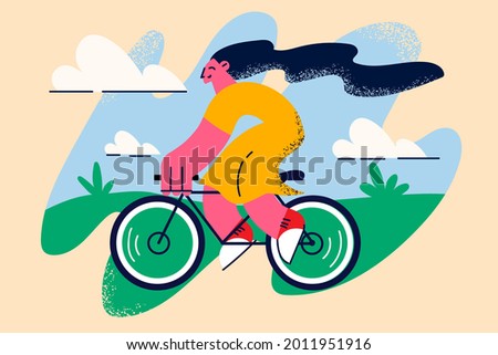 Active healthy lifestyle and sport concept. Young smiling positive woman cartoon character enjoying riding on bicycle outdoors on clear summer day vector illustration